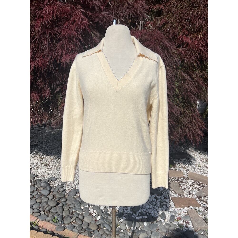 Vince Camuto Women's Sweater Medium Beige Collar Pearl Beaded Quiet Luxury NWOT